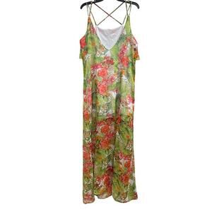 GB floral ruffle strappy back sheer 1/2 lined festival whimsy maxi dress sz L